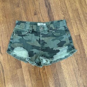 Camo denim shorts